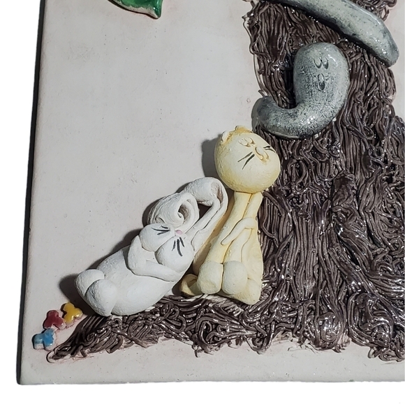 Clay molded Wall Art Mirror cute Tree with animals signed CK - Picture 9 of 11